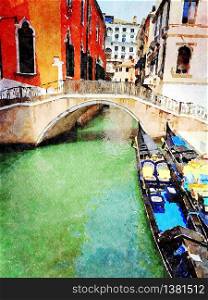 Watercolor representing gondolas parked in one of the small canals in the historic center of Venice. gondolas parked in one of the small canals in the historic center of Venice