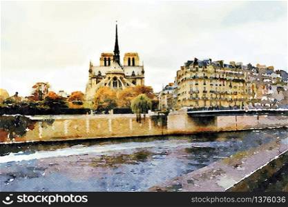 watercolor representing Notre Dame cathedral seen from the bridges over the Seine in Paris in autumn. Notre Dame cathedral seen from the bridges over the Seine in Paris in autumn