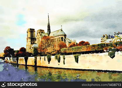 watercolor representing Notre Dame cathedral seen from the bridges over the Seine in Paris in autumn. Notre Dame cathedral seen from the bridges over the Seine in Paris in autumn