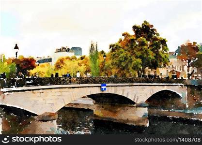 watercolor representing one of the bridges over the Seine in Paris in the autumn. one of the bridges over the Seine in Paris in the autumn