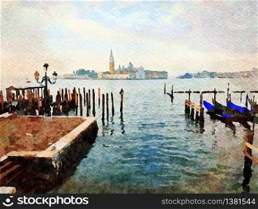 Watercolor representing one of the cathedrals of Venice seen from the grand canal. one of the cathedrals of Venice seen from the grand canal