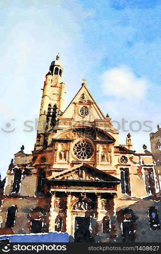 watercolor representing one of the churches in the center of Paris. one of the churches in the center of Paris