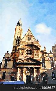 watercolor representing one of the churches in the center of Paris. one of the churches in the center of Paris