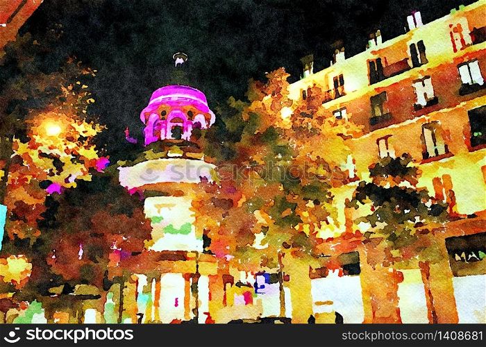 watercolor representing one of the historic buildings in central Paris at night in autumn. one of the historic buildings in central Paris at night in autumn