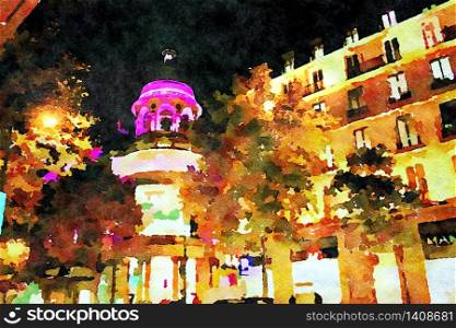 watercolor representing one of the historic buildings in central Paris at night in autumn. one of the historic buildings in central Paris at night in autumn