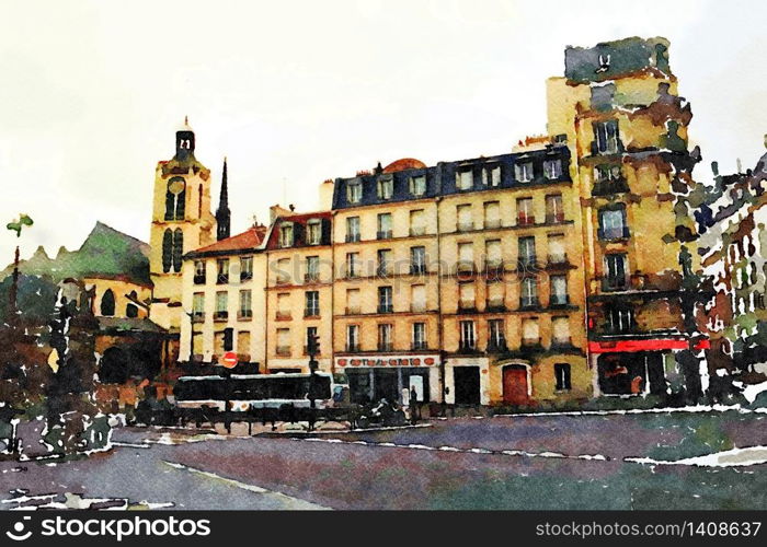 watercolor representing one of the squares in the center of Paris. one of the squares in the center of Paris