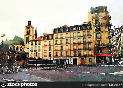 watercolor representing one of the squares in the center of Paris. one of the squares in the center of Paris