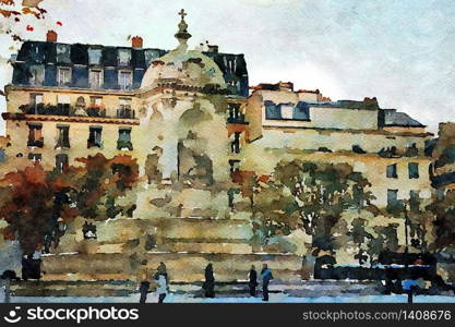 watercolor representing one of the squares in the center of Paris. one of the squares in the center of Paris