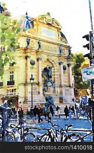 watercolor representing one of the squares in the center of Paris. one of the squares in the center of Paris