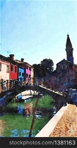 Watercolor representing some typical colored buildings and a bridge over one of the canals in Burano in Venice. some typical colored buildings and a bridge over one of the canals in Burano in Venice