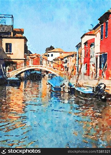 Watercolor representing some typical colored buildings and a bridge over one of the canals in Burano in Venice. some typical colored buildings and a bridge over one of the canals in Burano in Venice