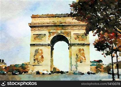 Watercolor representing the Arc de Triomphe in Paris in autumn. the Arc de Triomphe in Paris in autumn