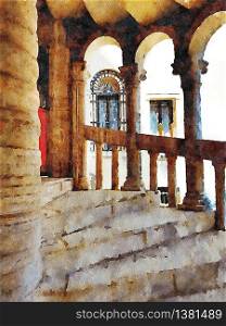 Watercolor representing the arched stairs of a historic building in the center of Venice. the arched stairs of a historic building in the center of Venice
