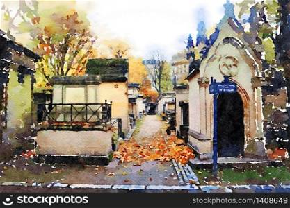 watercolor representing the chapels in the Montmartre cemetery in Paris in the autumn. the chapels in the Montmartre cemetery in Paris in the autumn