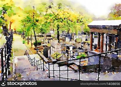watercolor representing the chapels in the Montmartre cemetery in Paris in the autumn. the chapels in the Montmartre cemetery in Paris in the autumn