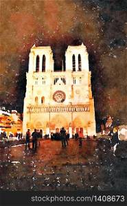 watercolor representing the church of Notre Dame in Paris at night in autumn. the church of Notre Dame in Paris at night in autumn