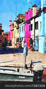 watercolor representing the colorful buildings on the canals of Burano in Venice. the colorful buildings on the canals of Burano in Venice