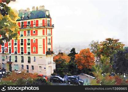 watercolor representing the facade of a historic building in the center of Paris. the facade of a historic building in the center of Paris