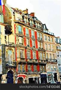 Watercolor representing the facades of historic buildings in one of the streets of Paris. the facades of historic buildings in one of the streets of Paris