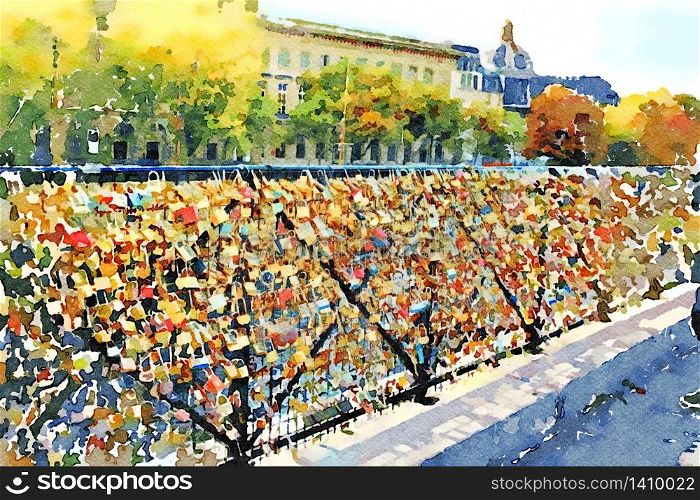watercolor representing the famous padlocks on one of the bridges over the Seine in Paris in autumn. the famous padlocks on one of the bridges over the Seine in Paris in autumn