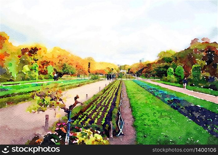 watercolor representing the gardens of Paris in autumn. the gardens of Paris in autumn