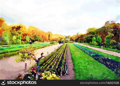 watercolor representing the gardens of Paris in autumn. the gardens of Paris in autumn