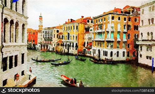 Watercolor representing the gondolas in the Grand Canal of Venice. the gondolas in the Grand Canal of Venice