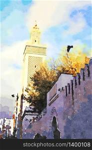 watercolor representing the great mosque of Paris in the autumn. the great mosque of Paris in the autumn