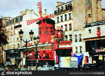 watercolor representing the main facade of a famous Paris club. the main facade of a famous Paris club