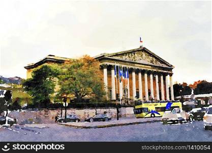 Watercolor representing the main facade of a historic building in central Paris in the autumn. the main facade of a historic building in central Paris in the autumn