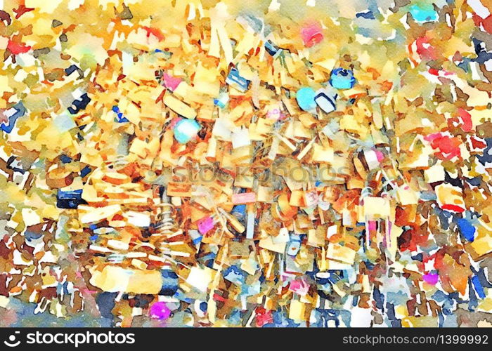 watercolor representing the many padlocks on one of the bridges of Paris. the many padlocks on one of the bridges of Paris