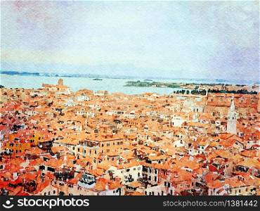 Watercolor representing the panorama of the roofs of Venice and the lagoon in the background. the panorama of the roofs of Venice and the lagoon in the background
