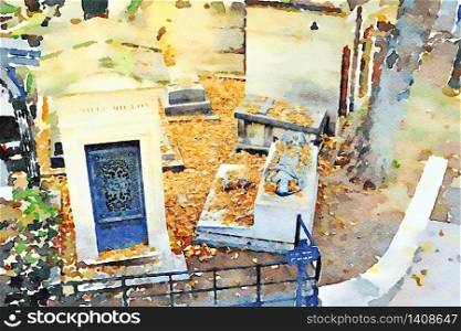 watercolor representing the tombs with statues in the Montmartre cemetery in Paris in the autumn. the tombs with statues in the Montmartre cemetery in Paris in the autumn