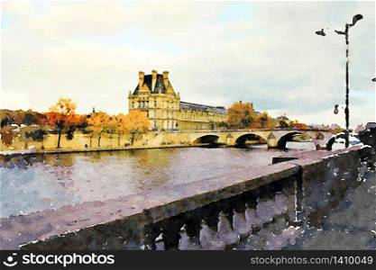 Watercolor representing the view of a historic palace and one of the bridges over the Seine in Paris in the autumn. the view of a historic palace and one of the bridges over the Seine in Paris in the autumn