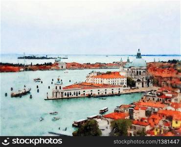 Watercolor representing the view of one of the churches in the Venice lagoon. the view of one of the churches in the Venice lagoon