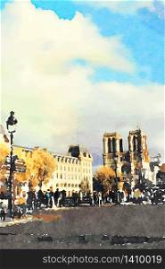 watercolor representing the view of the cathedral of Notre Dame from one of the squares of Paris in the autumn. the view of the cathedral of Notre Dame from one of the squares of Paris in the autumn