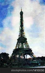 watercolor representing the view of the Eiffel tower in Paris on an autumn afternoon. the view of the Eiffel tower in Paris on an autumn afternoon