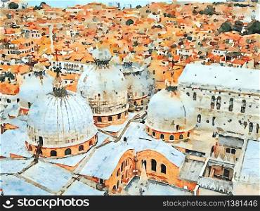 Watercolor representing the view of the roofs of the church of San Marco in Venice and the lagoon in the background. the view of the roofs of the church of San Marco in Venice and the lagoon in the background