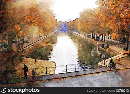 watercolor representing the walk on the Seine canals in Paris in the autumn. the walk on the Seine canals in Paris in the autumn