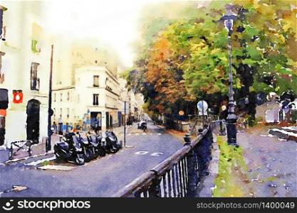 watercolor representing the walk on the Seine canals in Paris in the autumn. the walk on the Seine canals in Paris