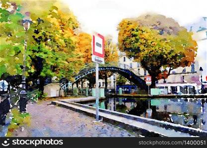 watercolor representing the walk on the Seine canals in Paris in the autumn. the walk on the Seine canals in Paris