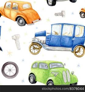Watercolor retro cars. Seamless children"s pattern with different machines. Hand painted retro car pattern. Retro transport. Brown, blue and green retro cars. Watercolor retro cars. Seamless children"s pattern with different machines. Hand painted retro car pattern. Retro transport. Brown, blue and green retro cars.