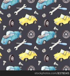 Watercolor retro cars. Seamless children"s pattern with different machines. Hand painted retro car pattern. Retro transport. Machines with a folding top. Nut, screws, screwdriver and wrench. Watercolor retro cars. Seamless children"s pattern with different machines. Hand painted retro car pattern. Retro transport. Machines with a folding top. Nut, screws, screwdriver and wrench.