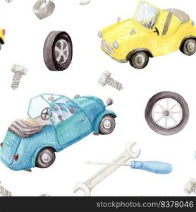 Watercolor retro cars. Seamless children"s pattern with different machines. Hand painted retro car pattern. Retro transport. Machines with a folding top. Nut, screws, screwdriver and wrench.