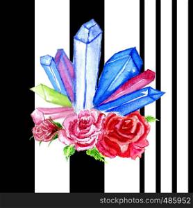 Watercolor rock crystals with roses over black stripes geometric floral background.