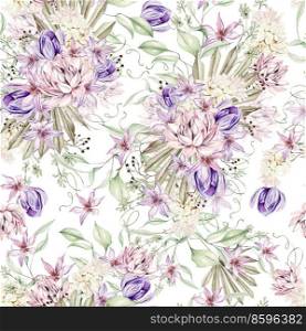 Watercolor romantic seamless pattern with succulents and crocus, clematis and flowers. Illustration. Watercolor romantic seamless pattern with succulents and crocus, clematis and flowers.