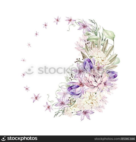 Watercolor romantic wreath with succulents and crocus, clematis and flowers. Illustration. Watercolor romantic wreath with succulents and crocus, clematis and flowers. 
