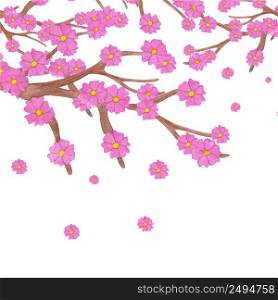 Watercolor sakura branch with blooming flowers and copy space. Illustration isolated on white background.
