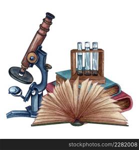 Watercolor science composition of books , test tube rack and a microscope. Vintage hand drawn illustration. Open book, close books.
