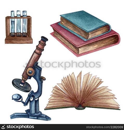 Watercolor science set of books , test tube rack and a microscope. Vintage hand drawn illustration. Open book, close books.